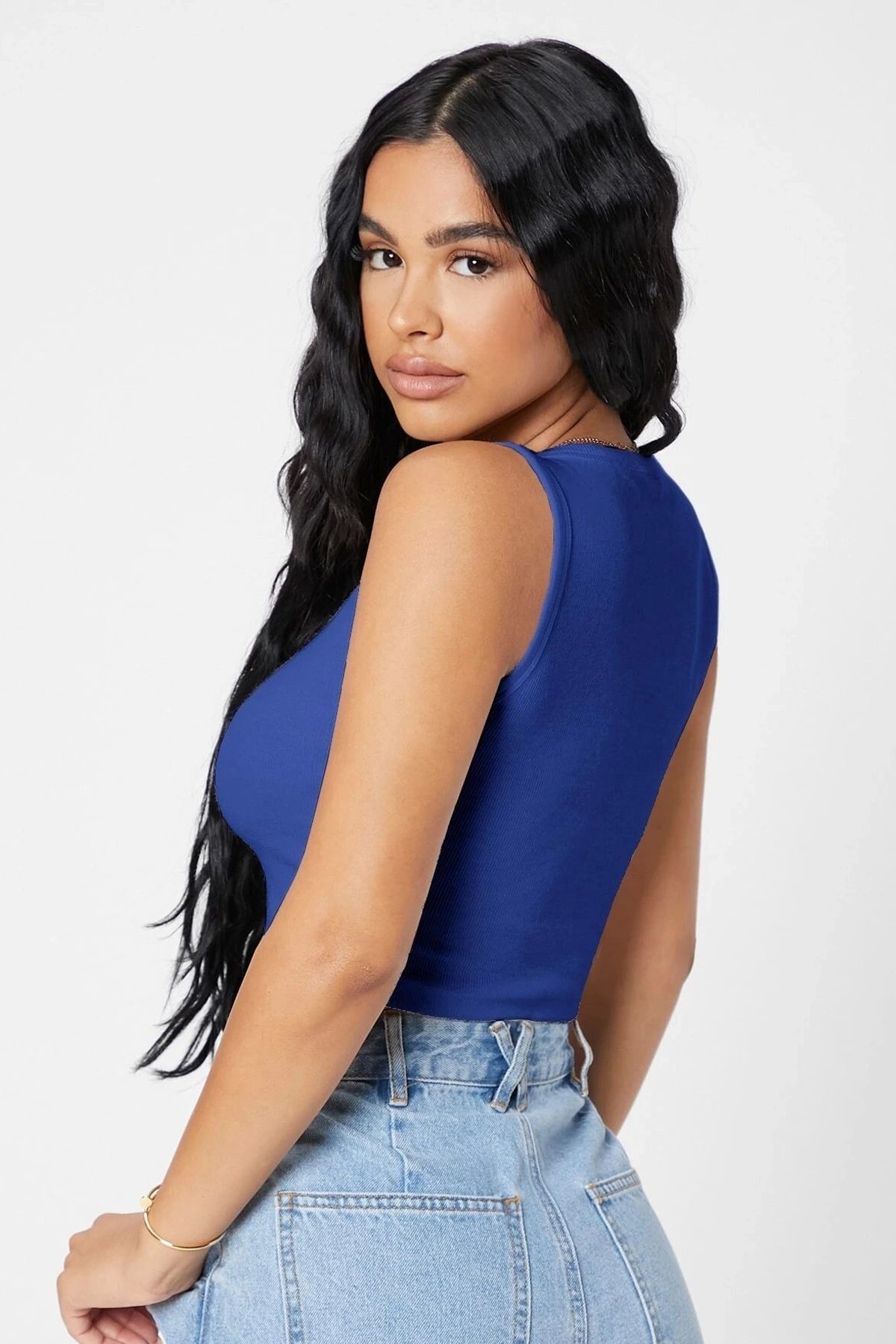 GiyimCity Kadın Lacivert Kare Yaka Crop Top Bluz