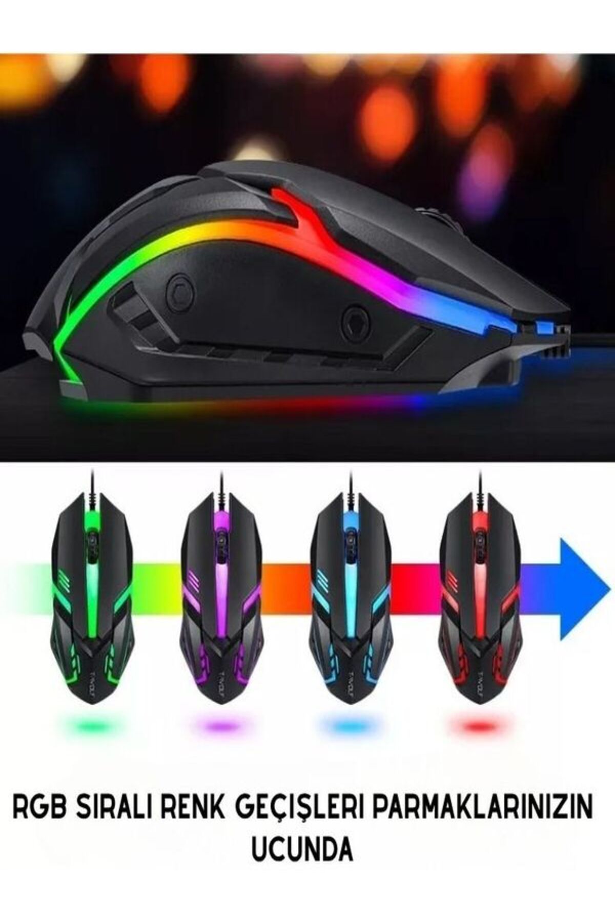 Astakos Oyuncu Mouse Usb Kablolu Gaming Rgb Işıklı Fare 1200dpi Siyah Mat Doku Ele Oturur