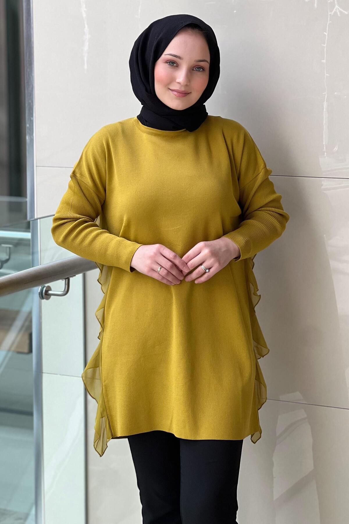 Ghisa Yanları Fırfırlı Sıkma Kol Merserize Tunik
