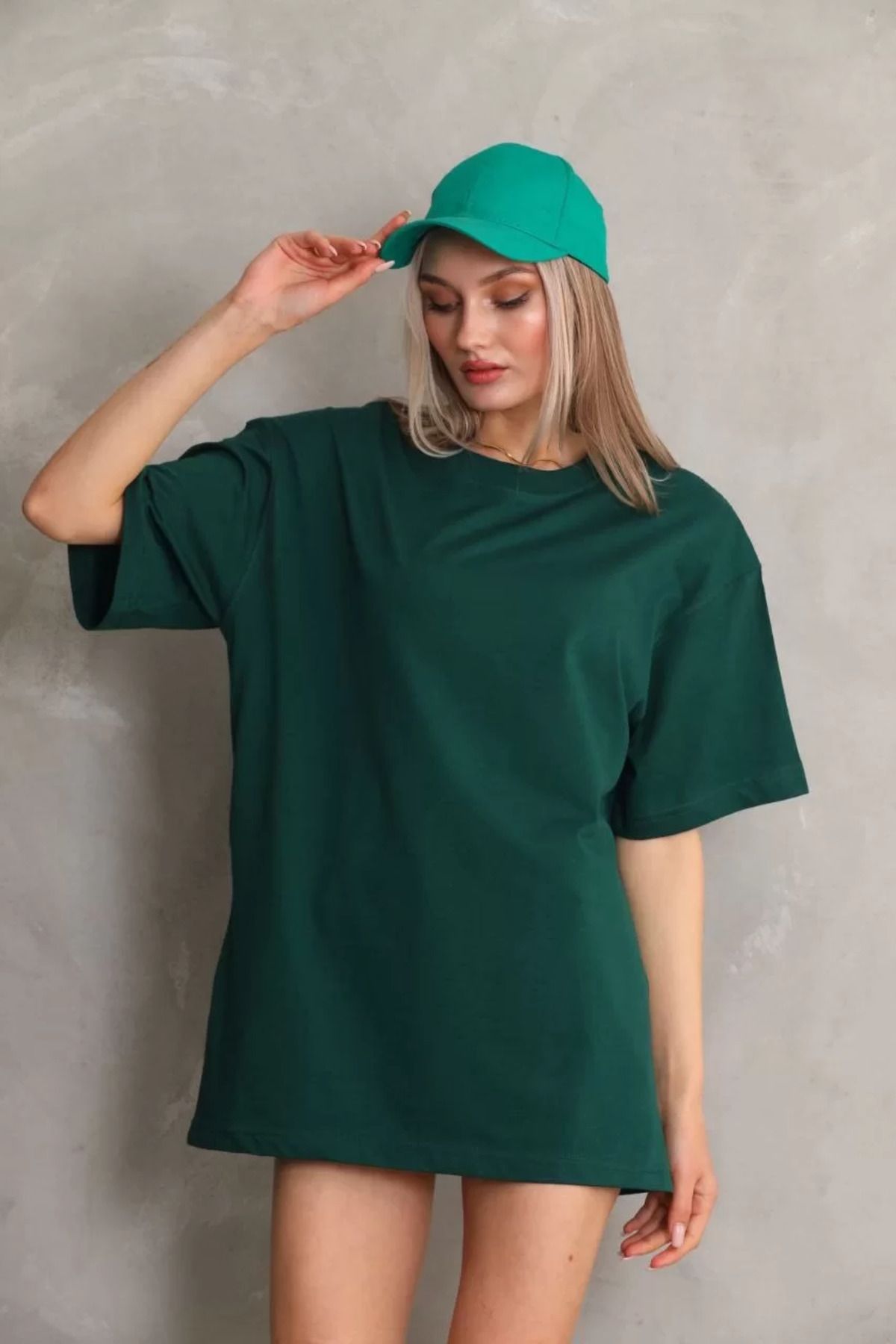 FantaziAtölyesi Unisex Bisiklet Yaka 20/1 Düz Oversize T-Shirt - Yeşil