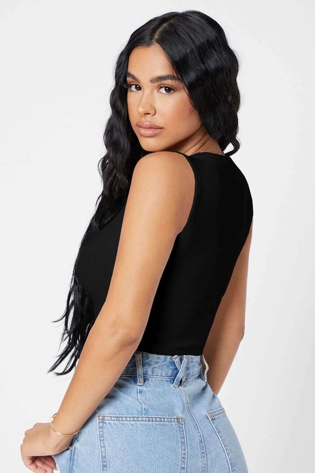 GiyimCity Kadın Siyah Kare Yaka Crop Top Bluz