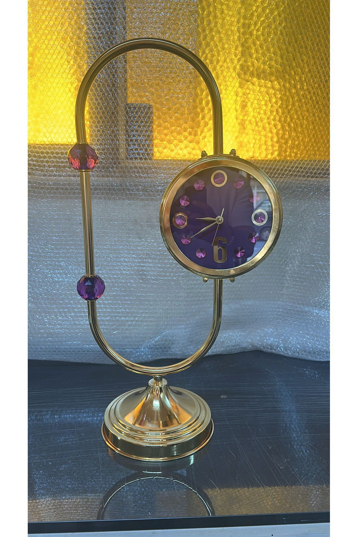 MGEStore Dekoratif Masa Saati Altın Renkli Kristal Taşlı Modern Masaüstü Saat