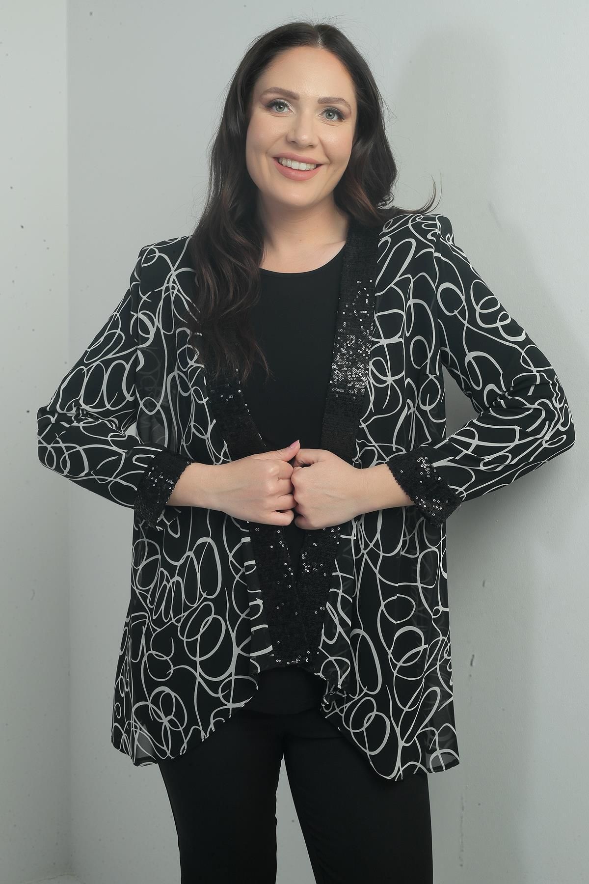 By Saygı-Women's Front and Sleeve Tip Pulpayet Detailed Abstract Patterned Chiffon Jacket Long Sleeve Lycra Blouse Large Size 2