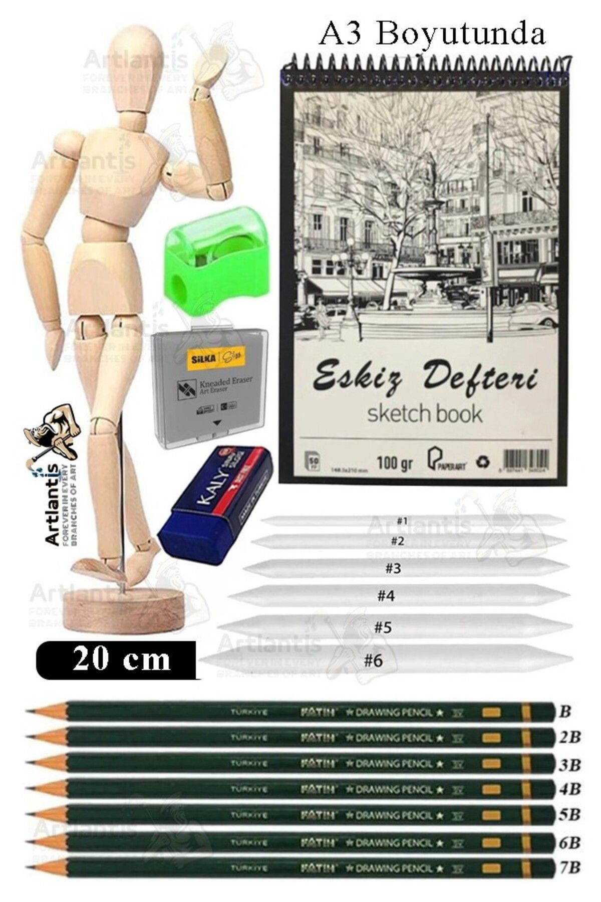 Artlantis Ahşap İnsan Modeli 20 cm A3 29.7x42 cm Eskiz Defteri Dereceli Karakalem Seti Dağıtma Kalemi Hamur Si