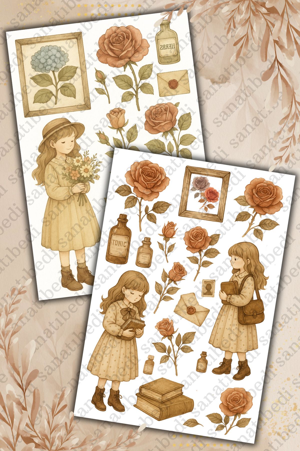 sanatıbedi 2 Sayfa Vintage Botanik Çiçekler Sticker - Laptop Ajanda Motor Kask Telefon Tablet Journal Etiketi