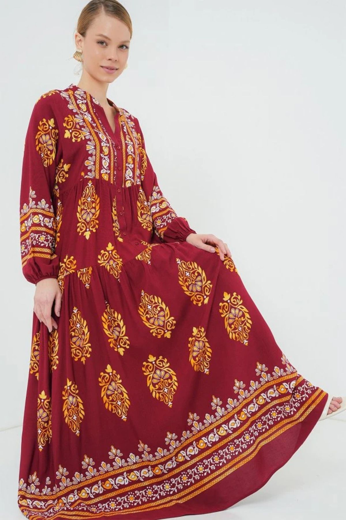MFR E-Ticaret 2423 Otantik Desenli Tesettür Elbise - E. Bordo