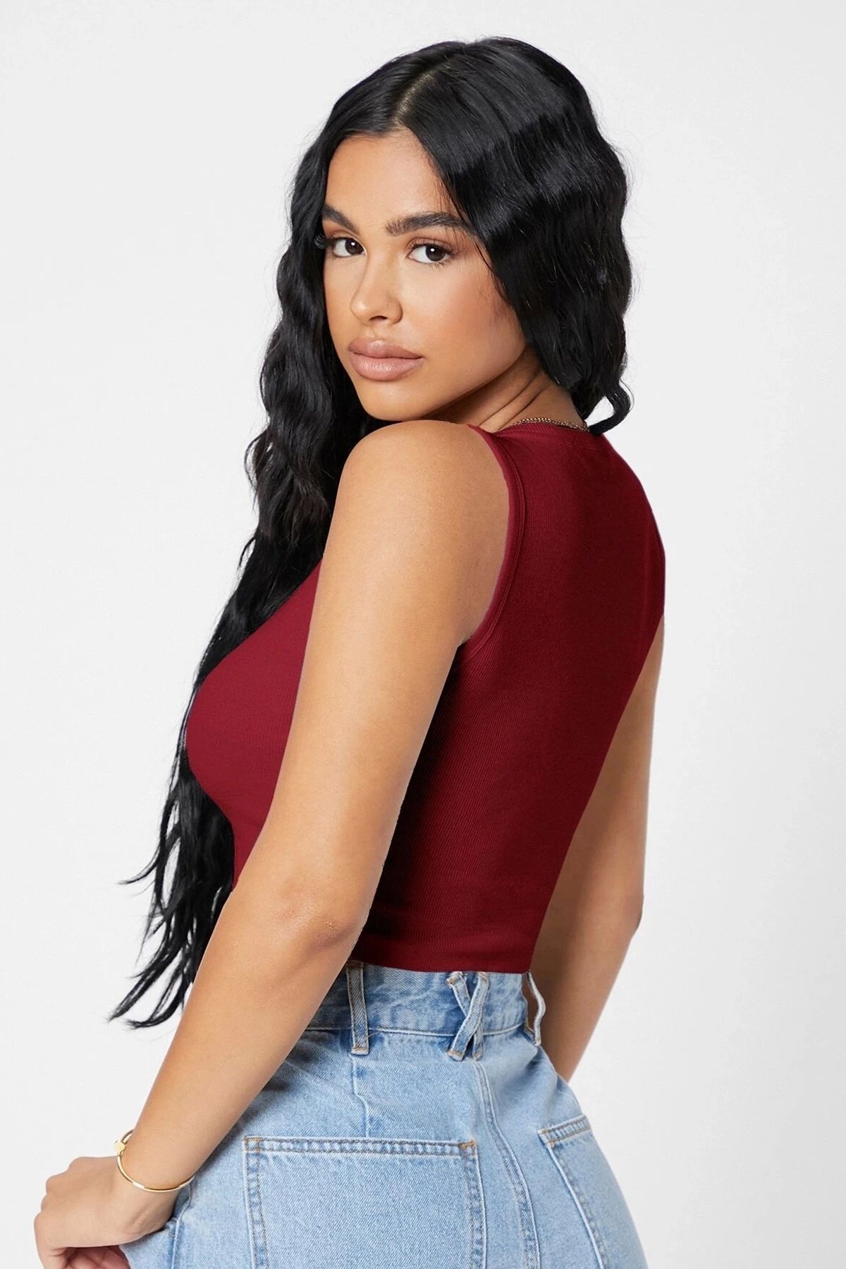GiyimCity Kadın Bordo Kare Yaka Crop Top Bluz