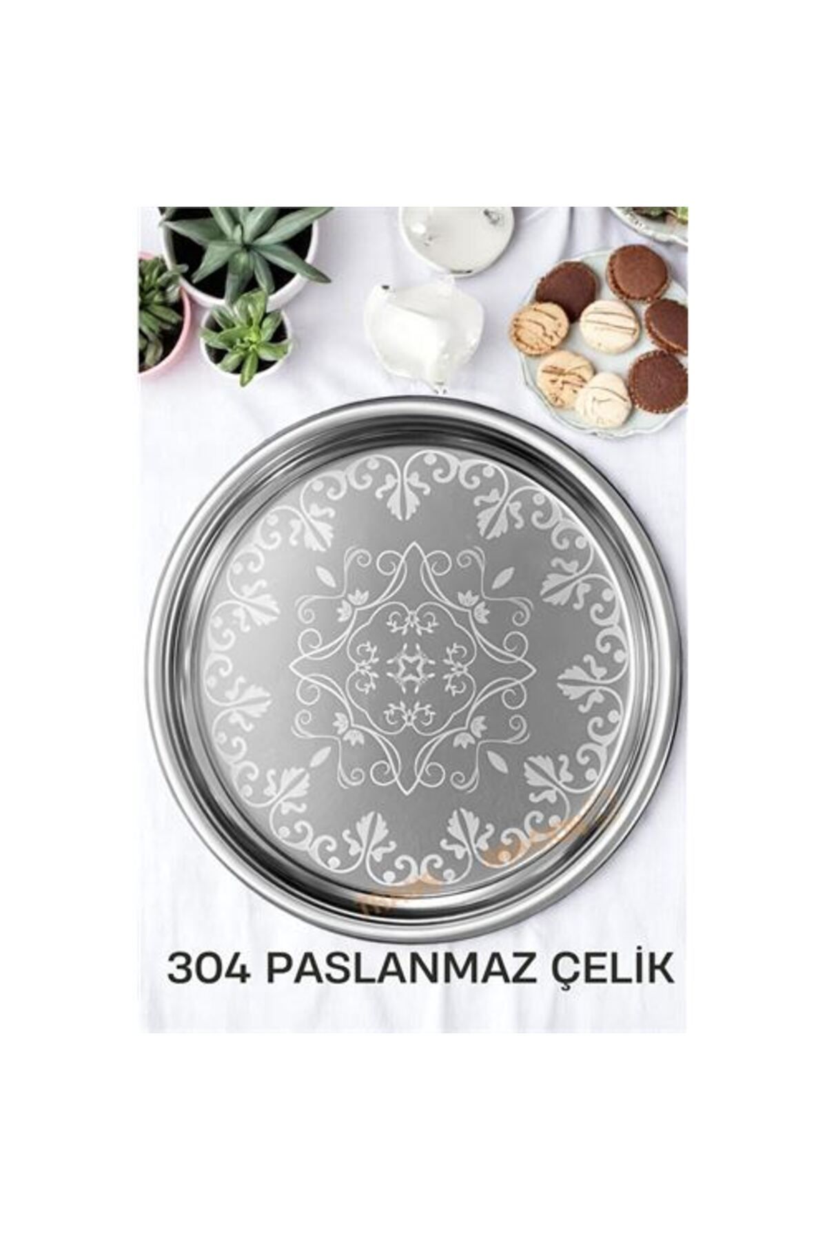 Ladesmedya Servis Tepsisi - Çelik Çay Tepsisi Şık Desenli Tepsi 41 Cm