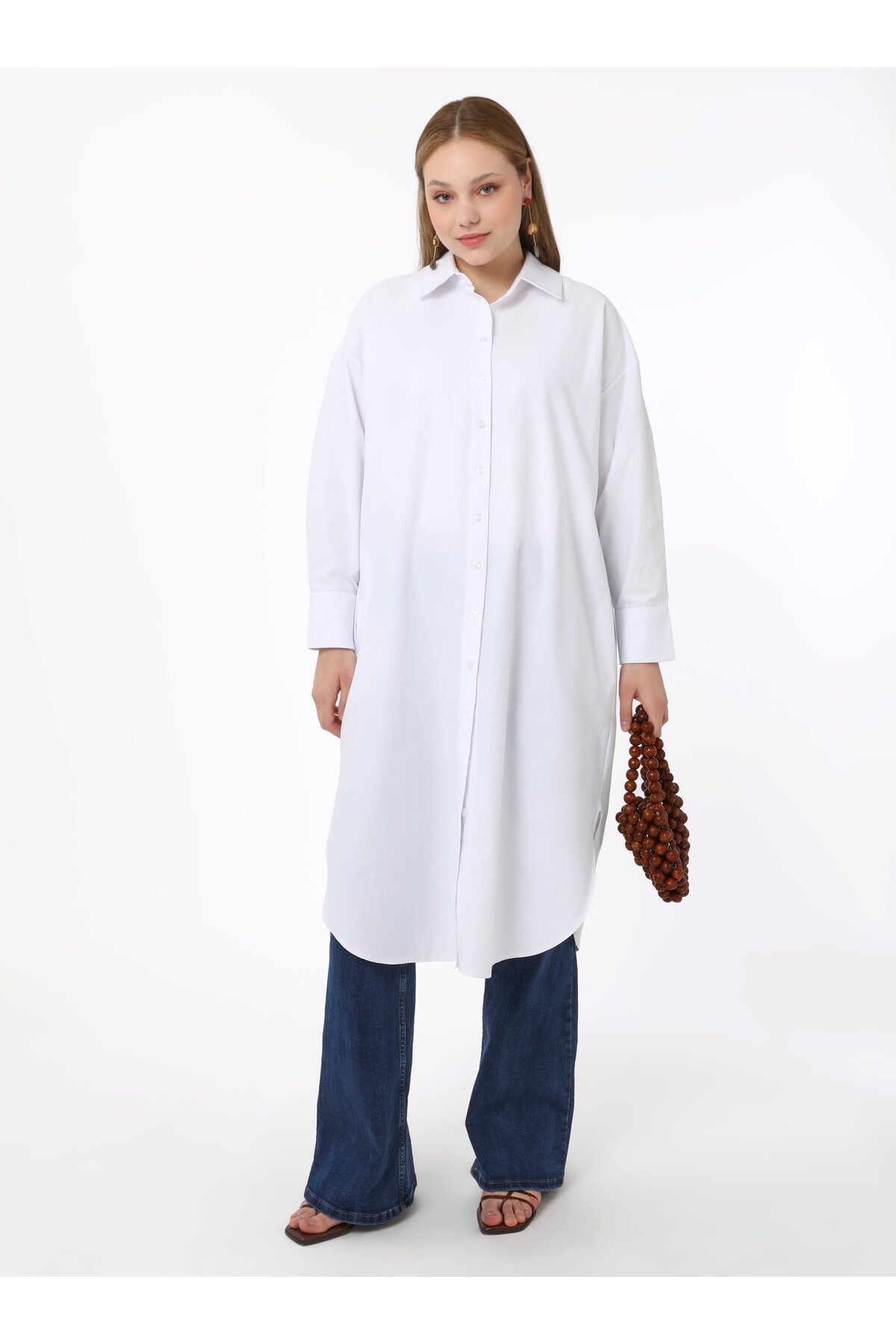 ALİA-Βαμβακερό Χιτώνα Ποπλίνα Plus Size - Λευκό - Alia Moda 1