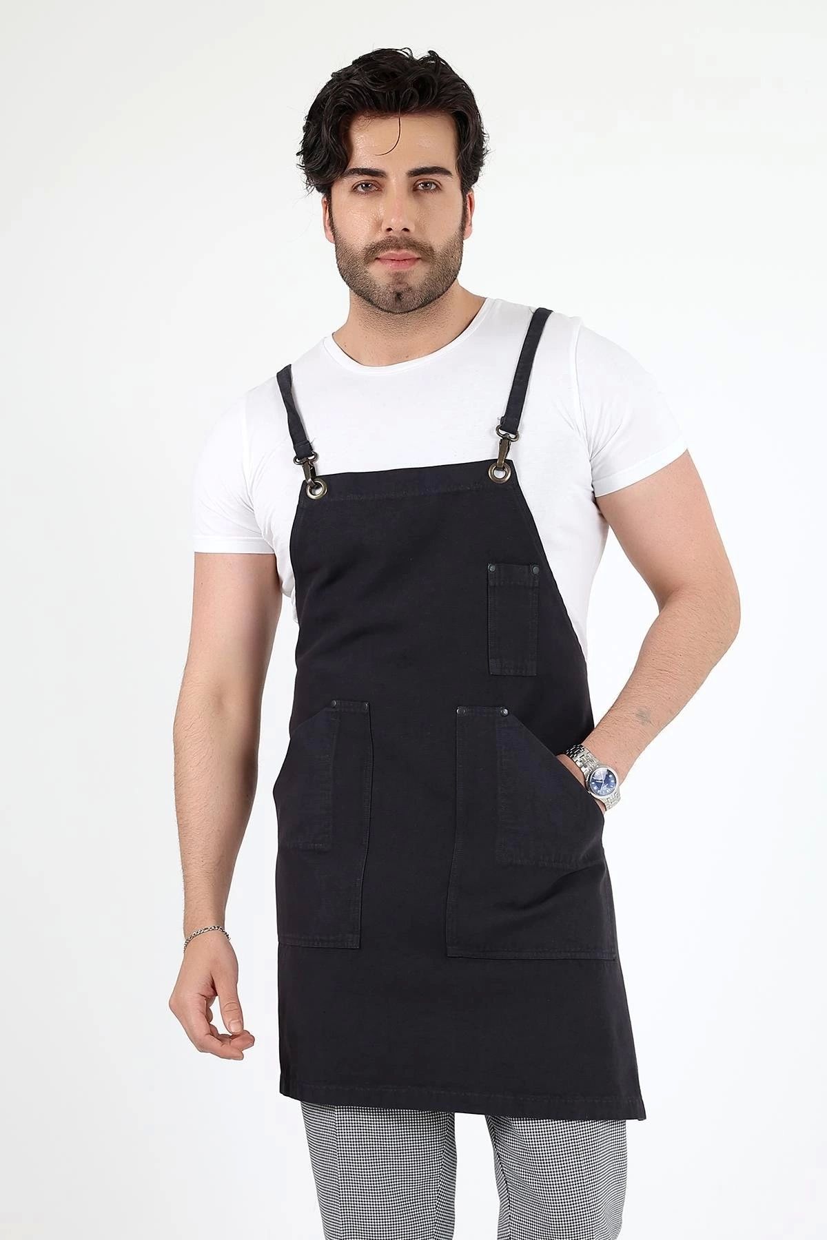bianada Barista Askılı Önlük Kanguru Cepli - Füme