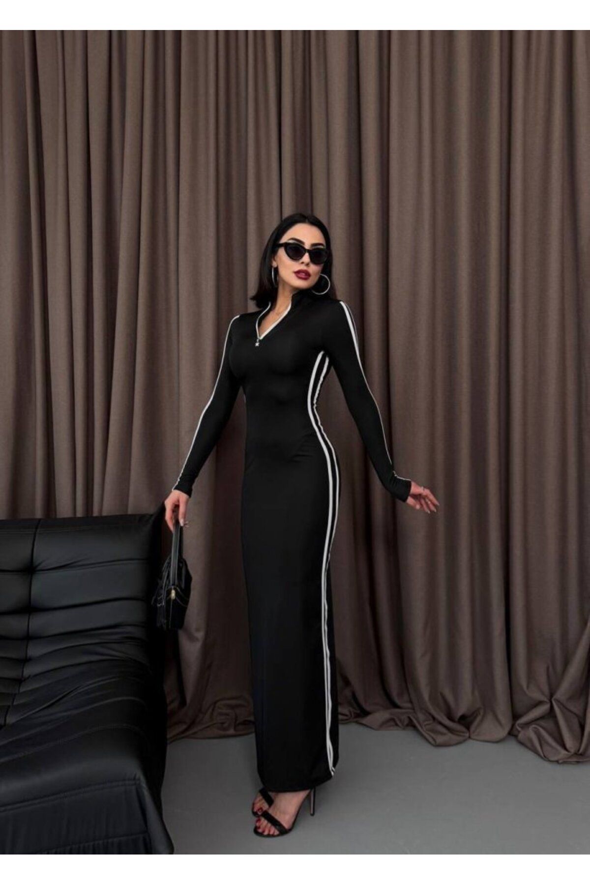 velmorafashion Şerit Detaylı Uzun Elbise