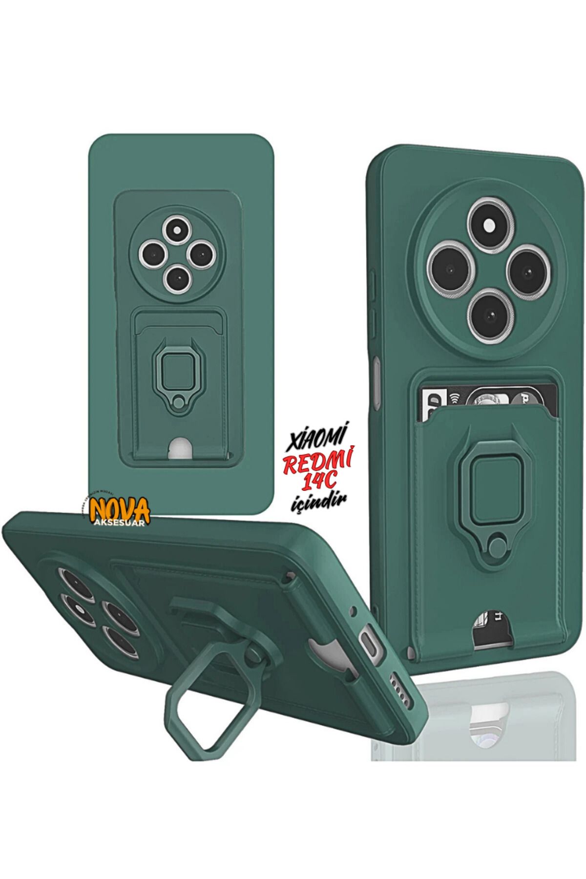 cepmoda Xiaomi Redmi 14C Boyun Askılı Kılıf | Ring Stand ipli Kamera Sürgülü Kapak - YEŞİL