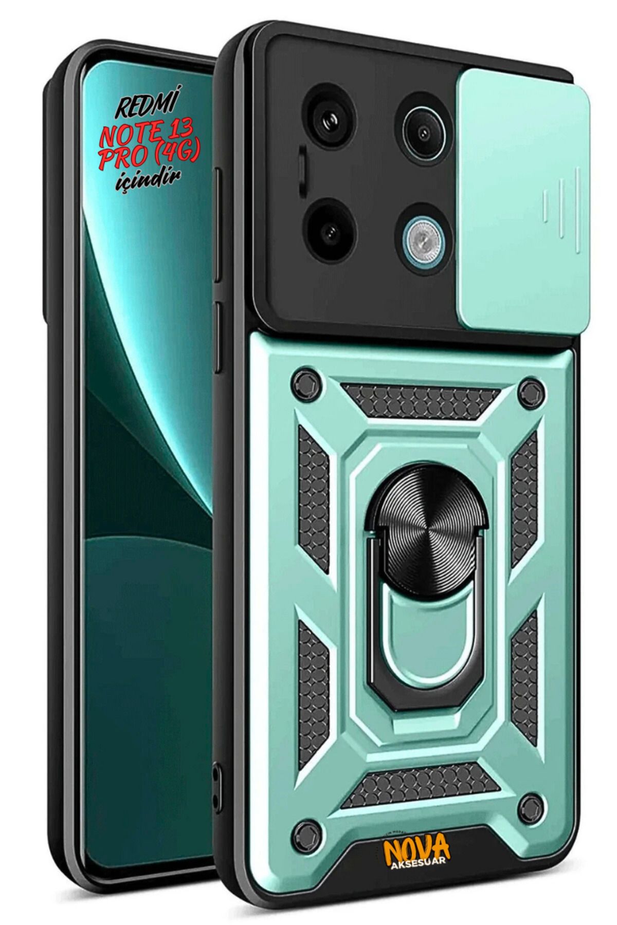 cepmoda XİAOMİ REDMİ NOTE 13 PRO 4G - Panzer/Tank Kılıf-Kapak Kamera Sürgülü Standlı Yüzüklü - YEŞİL
