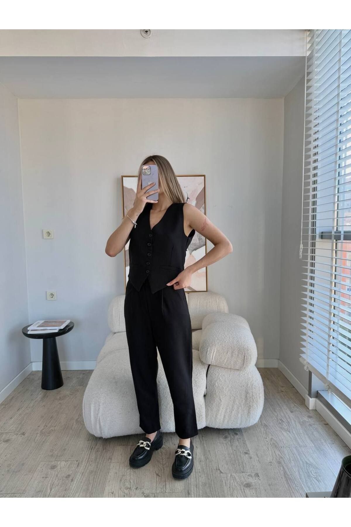 Castivo Fashion Kadın Yelek Pantolon Takım - Düğmeli Crop Yelekli Takım