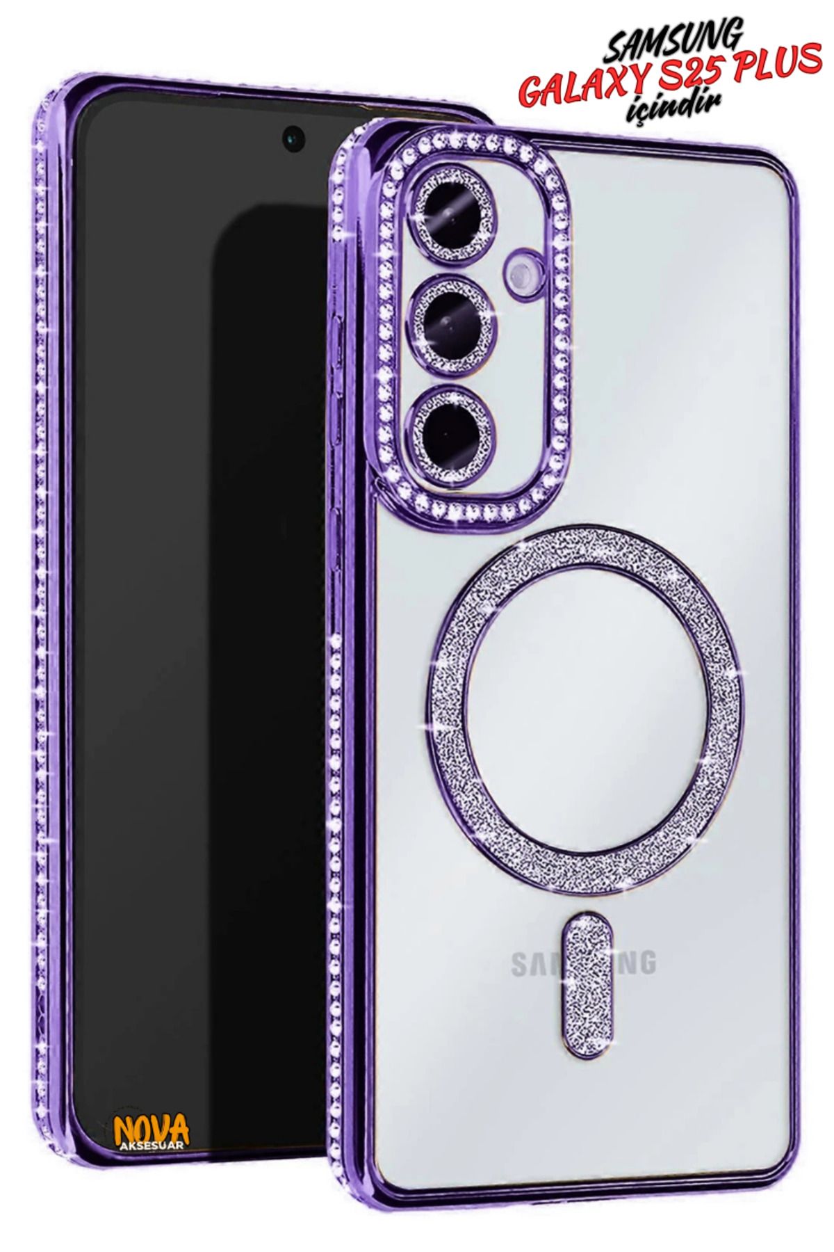 cepmoda Samsung Galaxy S25 PLUS - Taşlı Simli Magsafe Telefon Kılıfı - Lens Korumalı Lüx Kapak - MOR