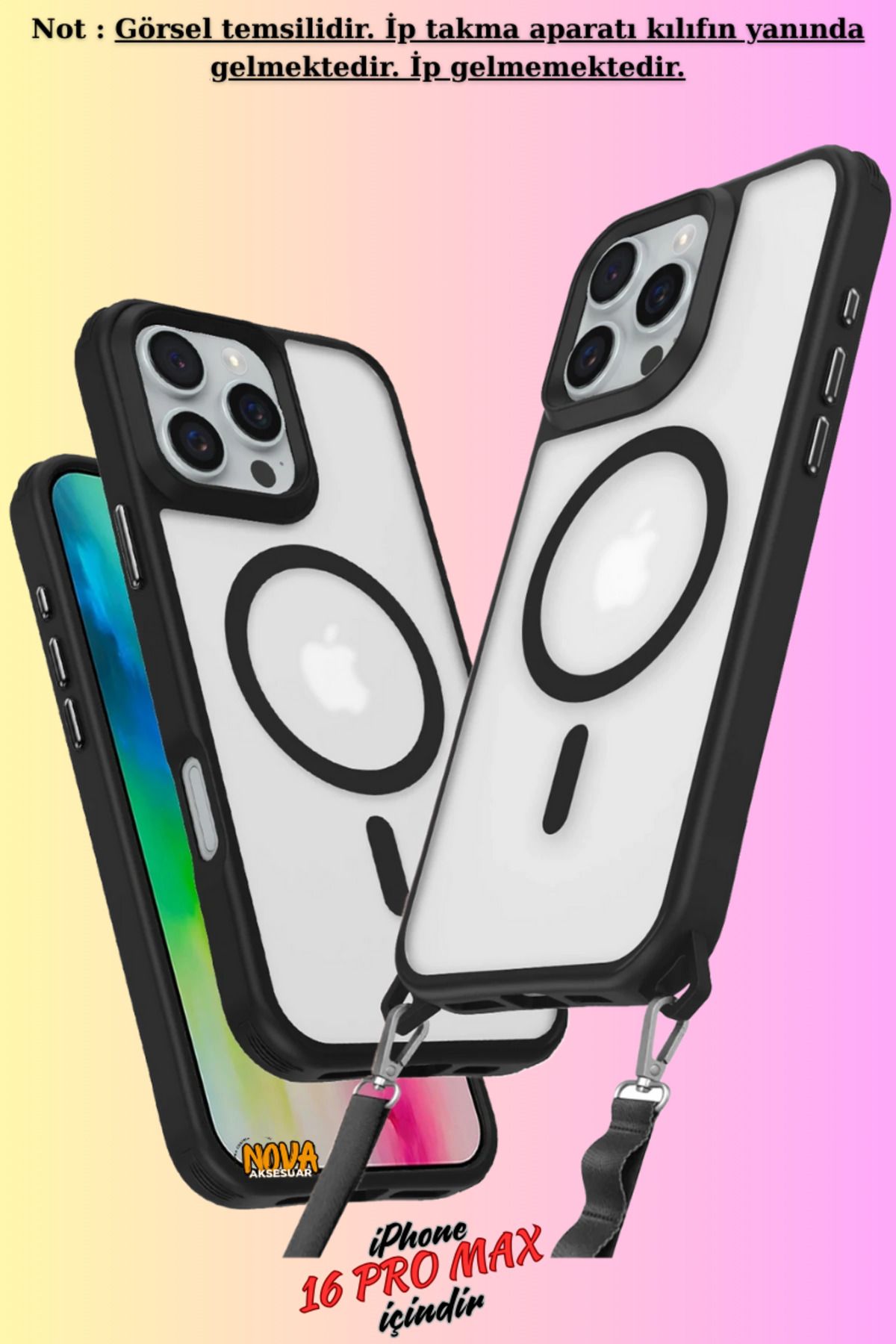 cepmoda iPhone 16 PRO MAX -Uyumlu   Renkli Kenar Darbe Koruyucu Enka Magsafe TPU Kapak/Kılıf - SİYAH