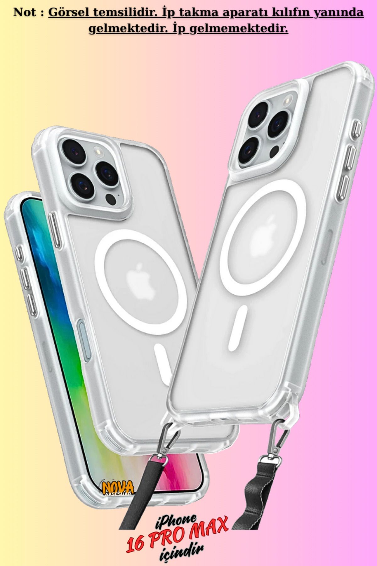 cepmoda iPhone 16 PRO MAX Uyumlu - Renkli Kenar Darbe Koruyucu Enka Magsafe TPU Kapak/Kılıf - ŞEFFAF
