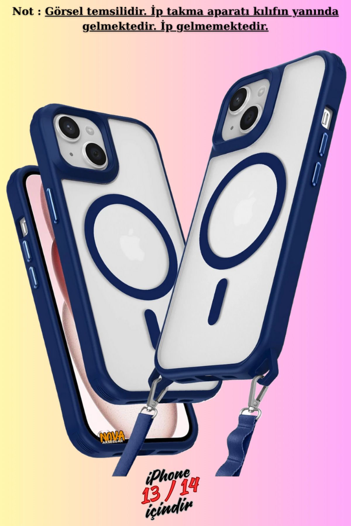 cepmoda iPhone 13 / 14 Uyumlu - Renkli Kenar Darbe Koruyucu Enka Magsafe TPU Kapak/Kılıf - LACİVERT