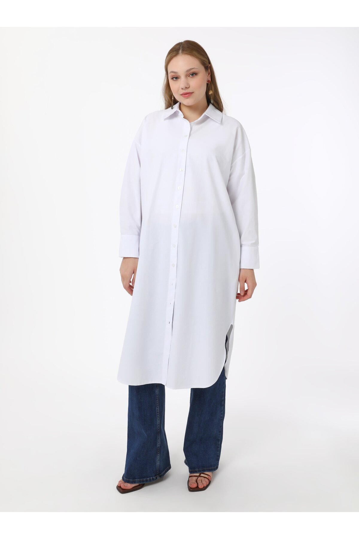 ALİA-Βαμβακερό Χιτώνα Ποπλίνα Plus Size - Λευκό - Alia Moda 3
