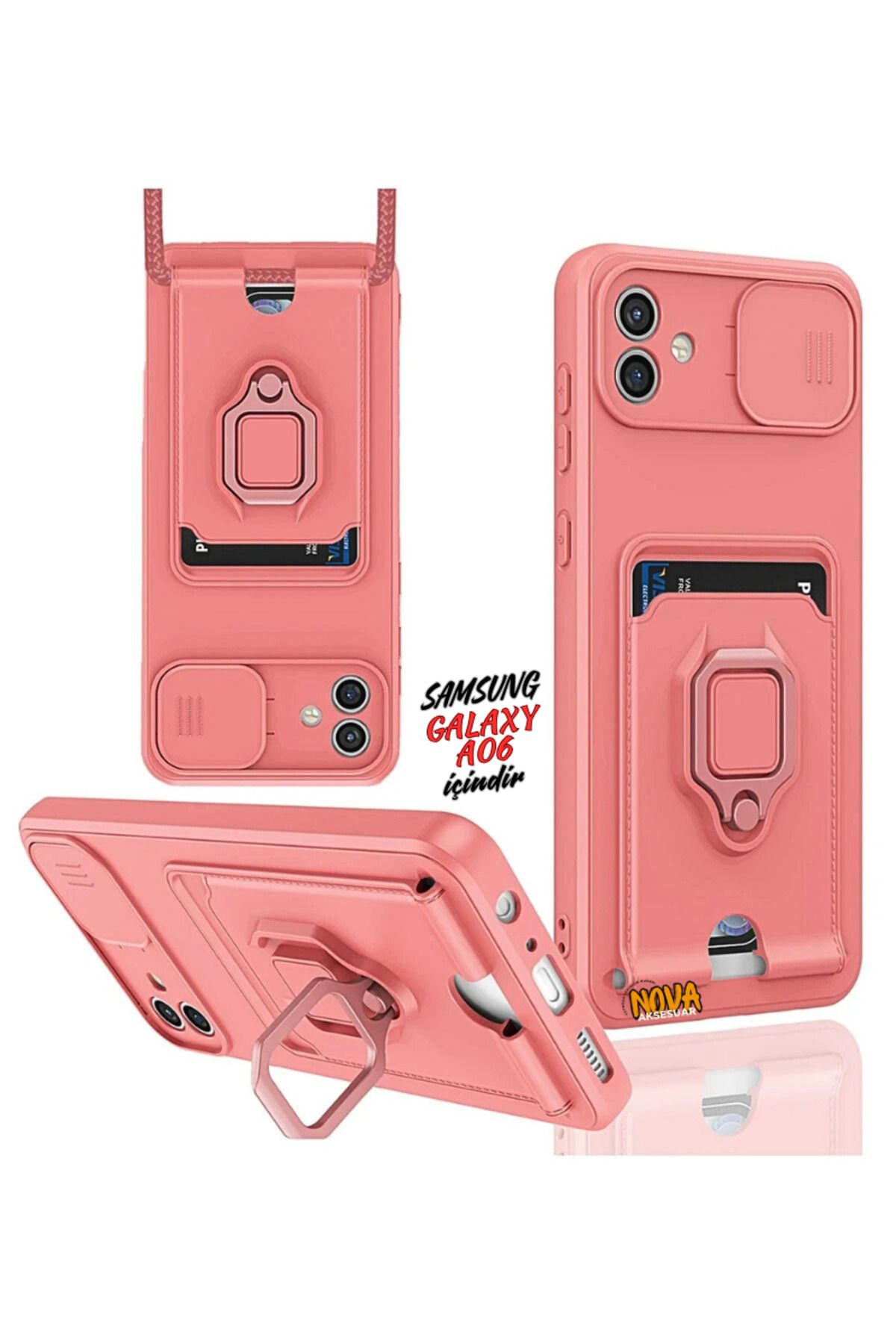 cepmoda SAMSUNG GALAXY A06 Boyun Askılı Kılıf | Ring Stand ipli Kamera Sürgülü Kapak - SOMON