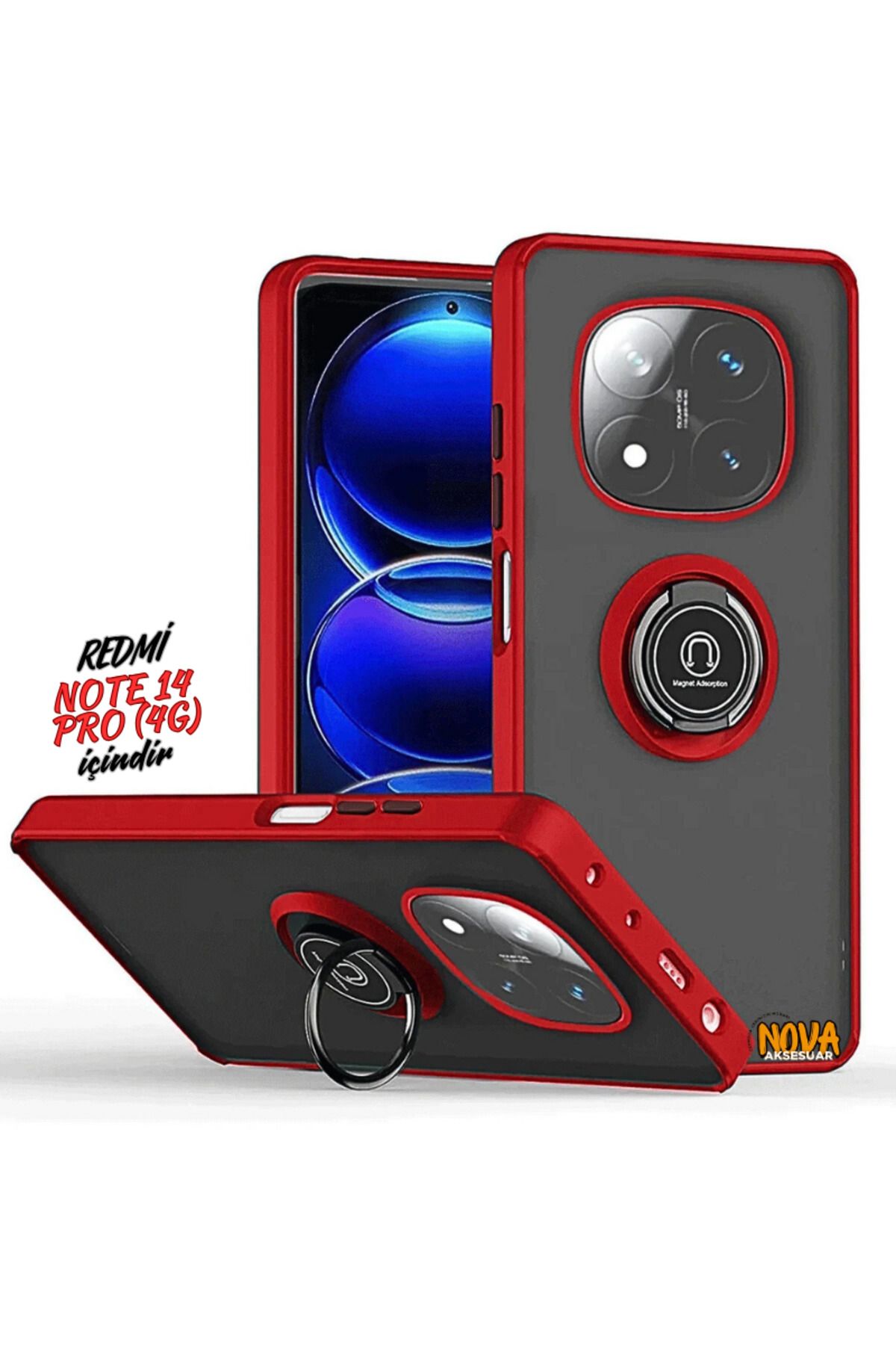 cepmoda Xiaomi Redmi NOTE 14 PRO (4G) - Yüzüklü Standlı Mat Soft Kapak/Kılıf - KIRMIZI
