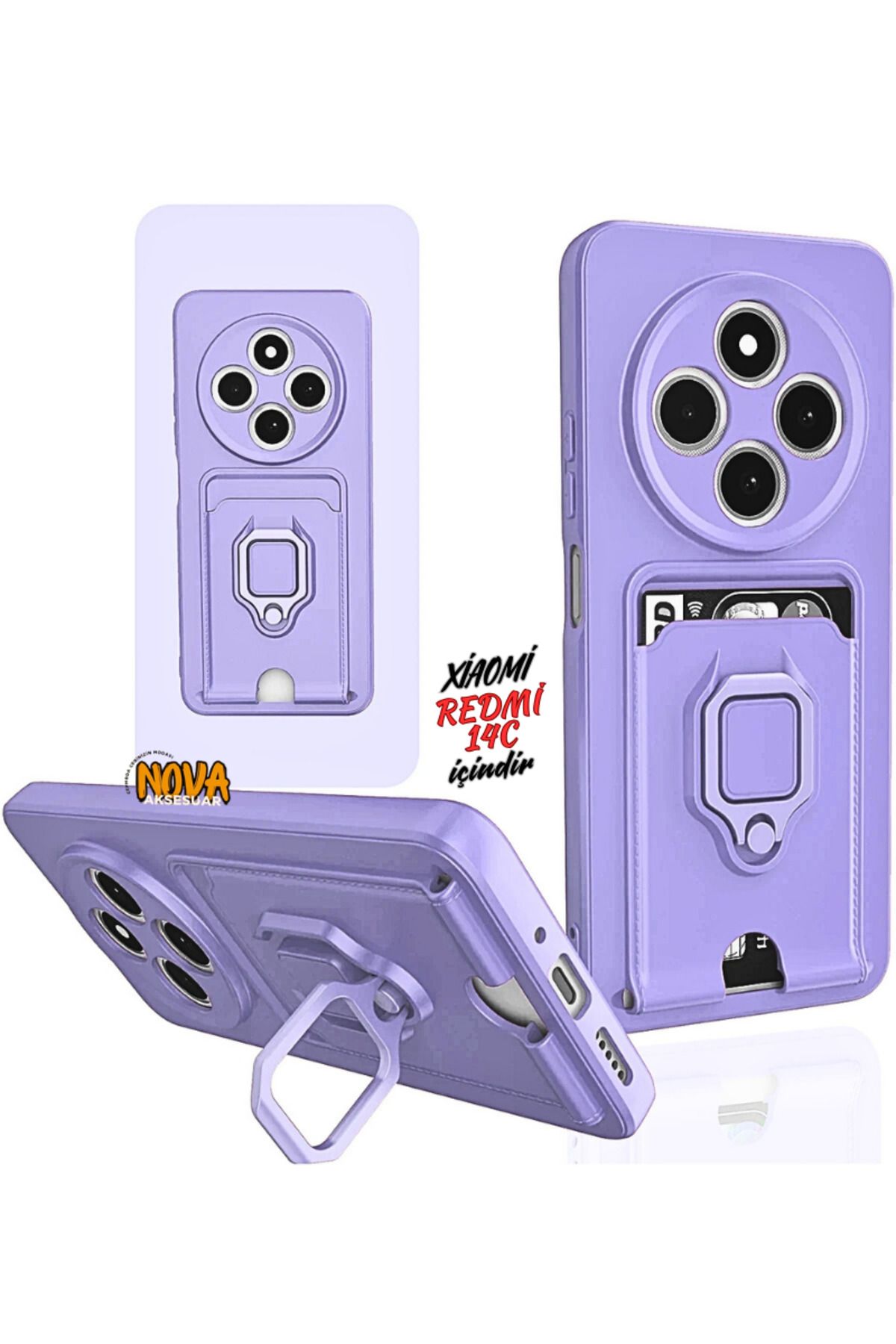cepmoda Xiaomi Redmi 14C Boyun Askılı Kılıf | Ring Stand ipli Kamera Sürgülü Kapak - LİLA
