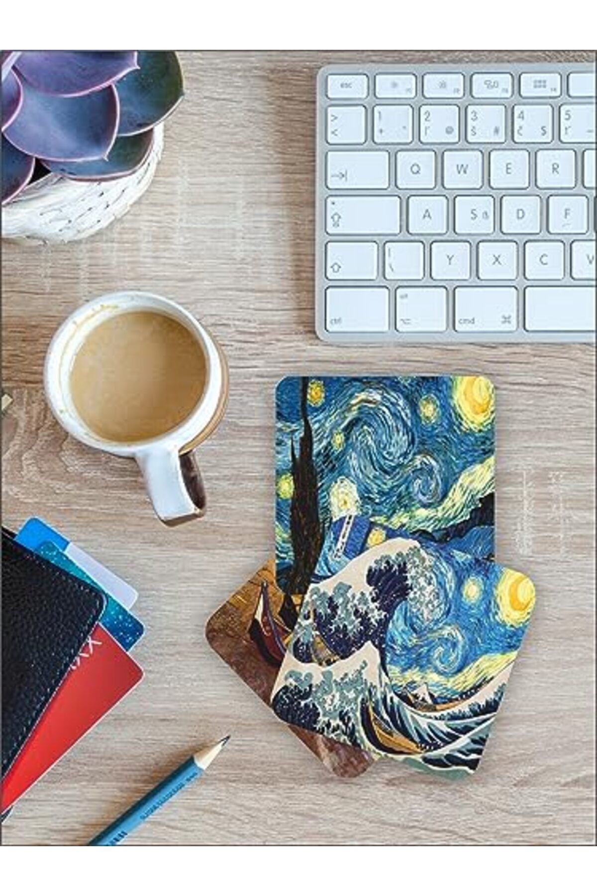 ShopZum Karbonsoft Van Gogh Temalı Ahşap Bardak Altlığı Ahşap Baskılı Altlık 6&Apos;Lı Set (9 X9Cm) Karbonn