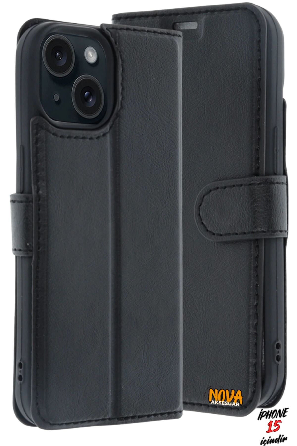 cepmoda iPhone 15 - Kapaklı Telefon Kılıfı Kopçalı Lüx Deri Mıknatıslı İçi Kartlık/Cüzdan - SİYAH