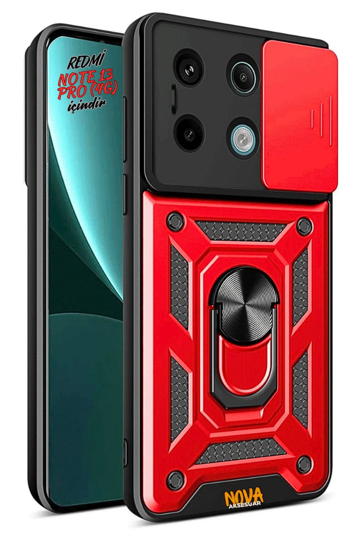 cepmoda XİAOMİ REDMİ NOTE 13 PRO 4G - Panzer/Tank Kılıf-Kapak Kamera Sürgülü Standlı Yüzüklü - KIRMIZI