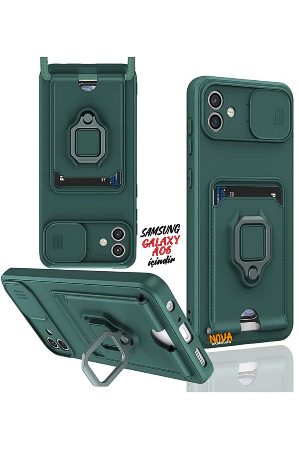 cepmoda SAMSUNG GALAXY A06 Boyun Askılı Kılıf | Ring Stand ipli Kamera Sürgülü Kapak - YEŞİL