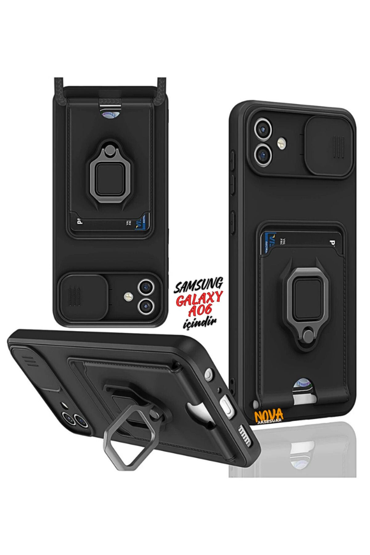 cepmoda SAMSUNG GALAXY A06 Boyun Askılı Kılıf | Ring Stand ipli Kamera Sürgülü Kapak - SİYAH