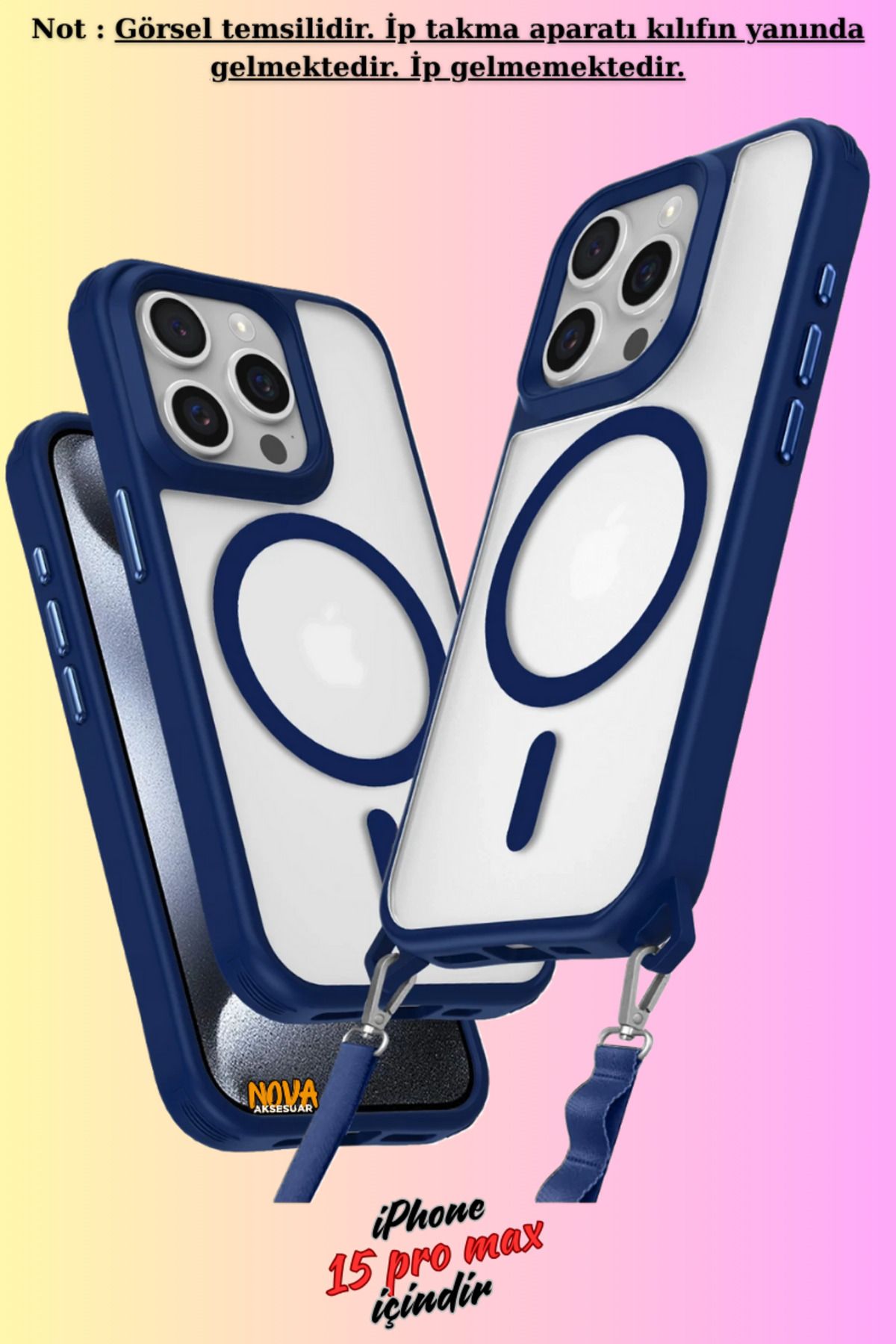 cepmoda iPhone 15 PRO MAX - Renkli Kenar Darbe Koruyucu Enka Magsafe TPU Kapak/Kılıf - LACİVERT