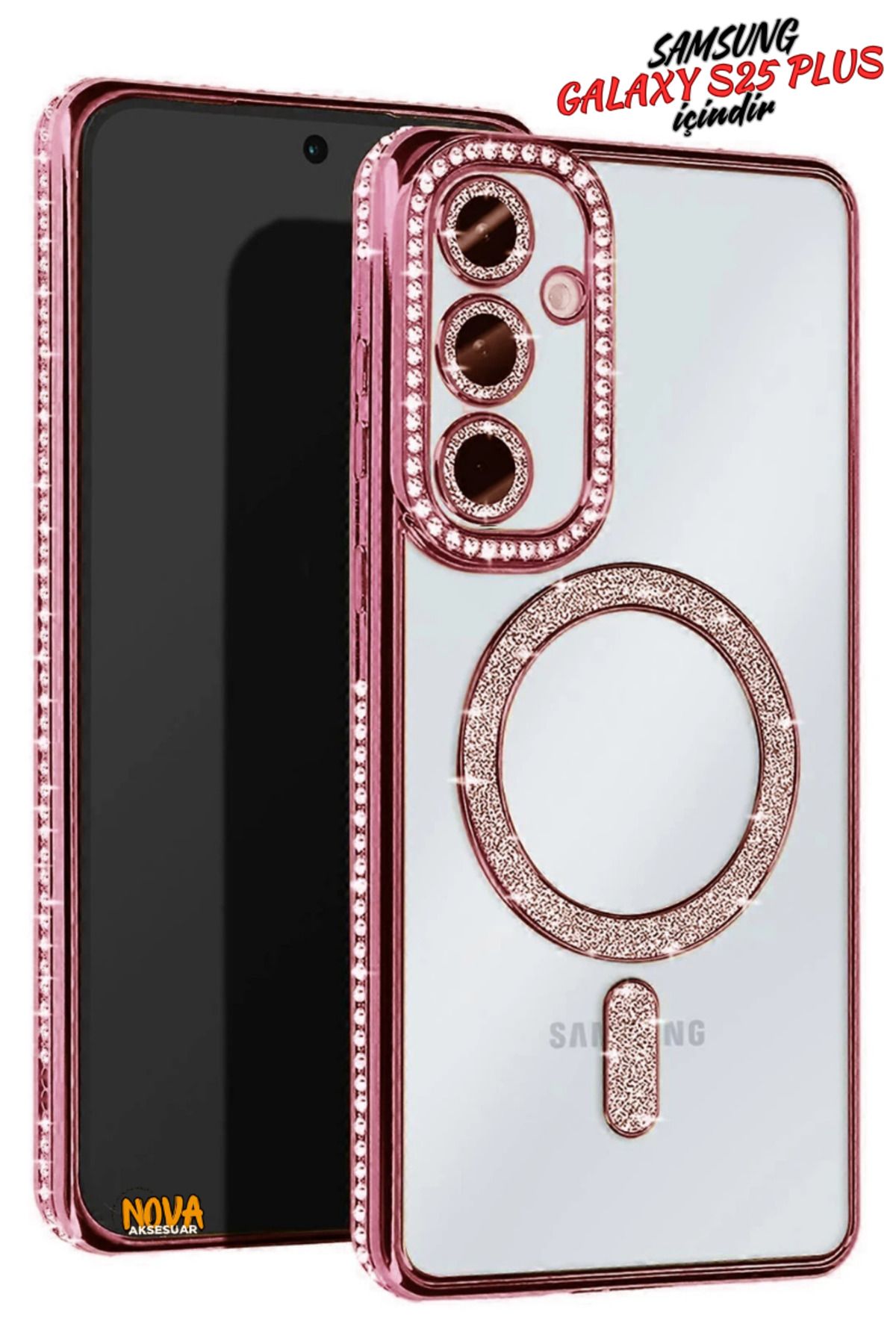 cepmoda Samsung Galaxy S25 PLUS - Taşlı Simli Magsafe Telefon Kılıfı - Lens Korumalı Lüx Kapak - PEMBE