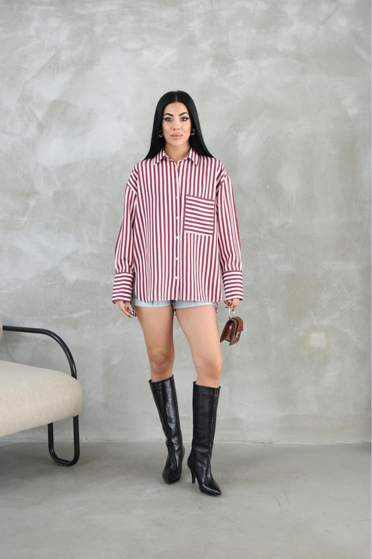 kazarina kadın bordo beyaz çizgili oversize gömlek