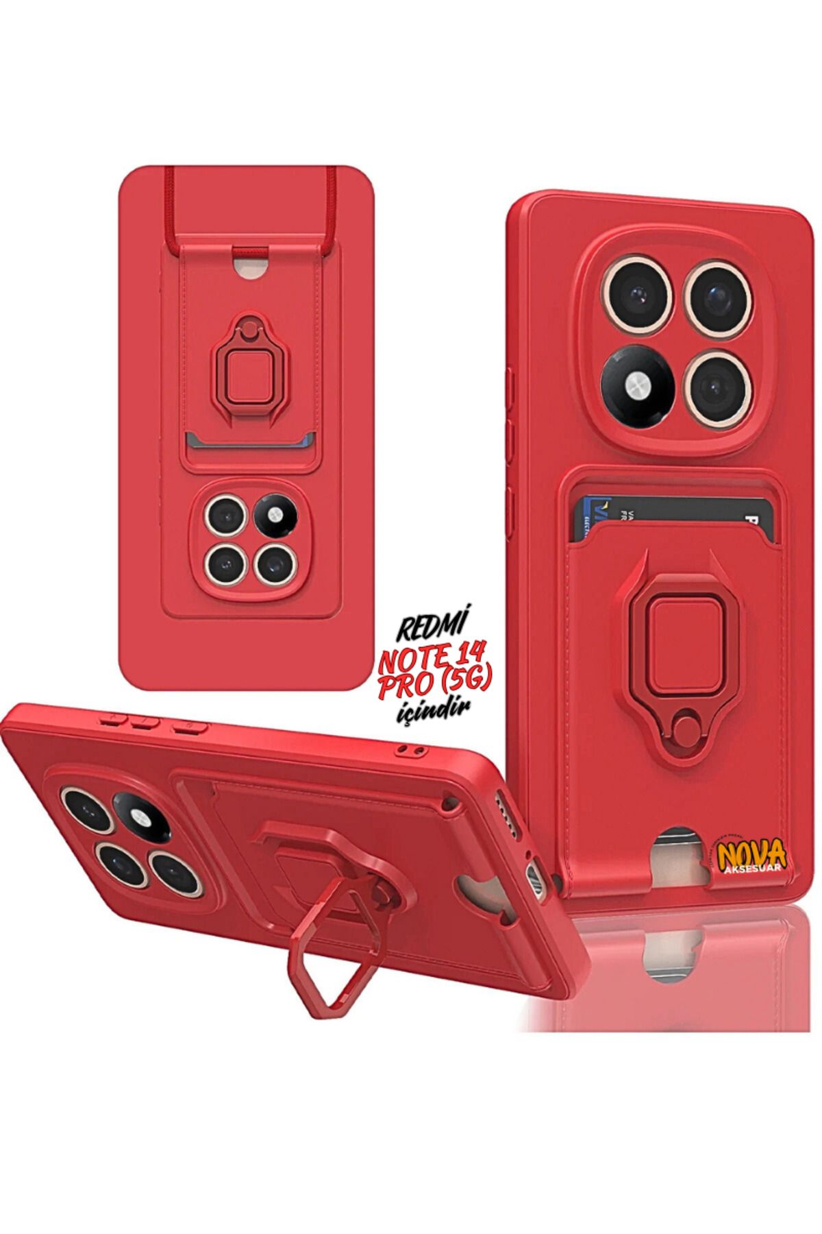 cepmoda Xiaomi Redmi NOTE 14 PRO (5G) Boyun Askılı Kılıf | Ring Stand ipli Kamera Sürgülü Kapak - KIRMIZI