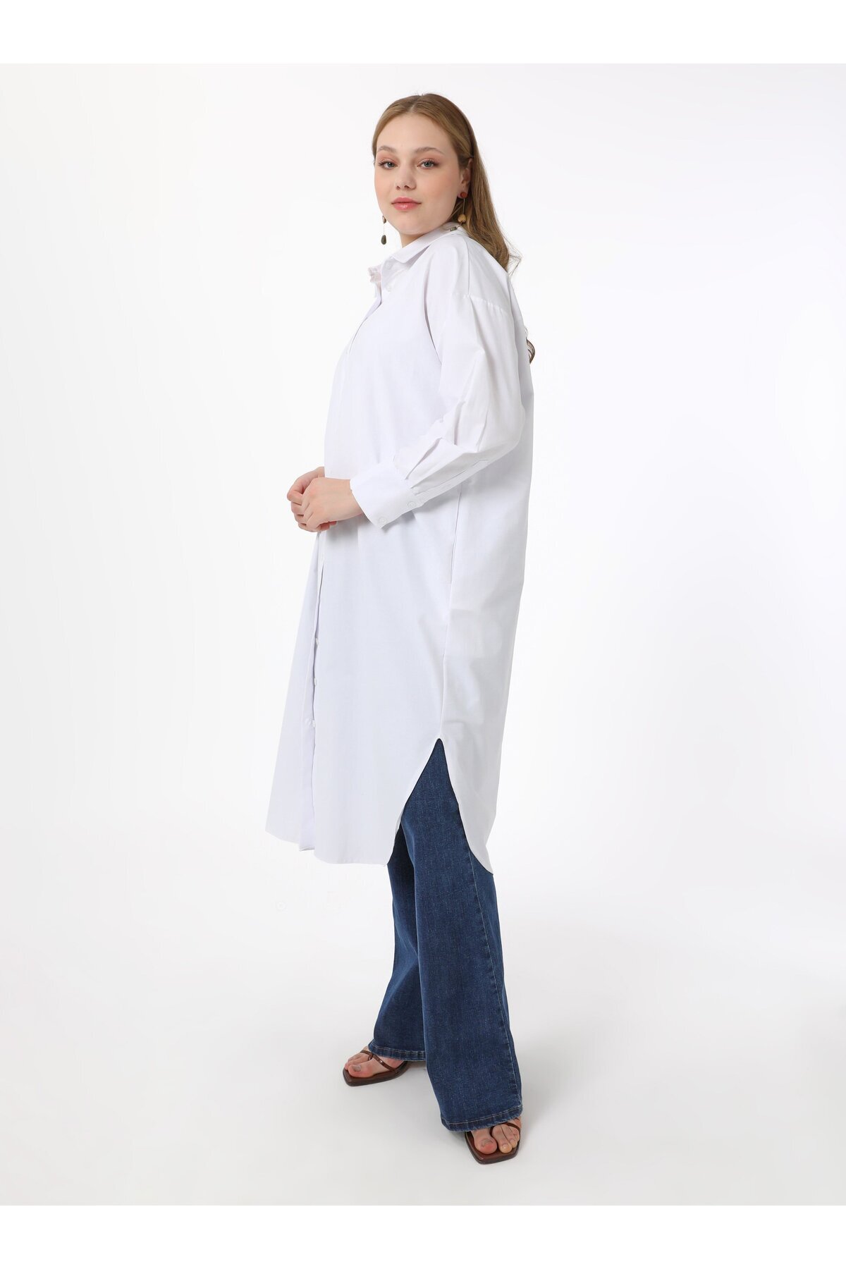 ALİA-Βαμβακερό Χιτώνα Ποπλίνα Plus Size - Λευκό - Alia Moda 4