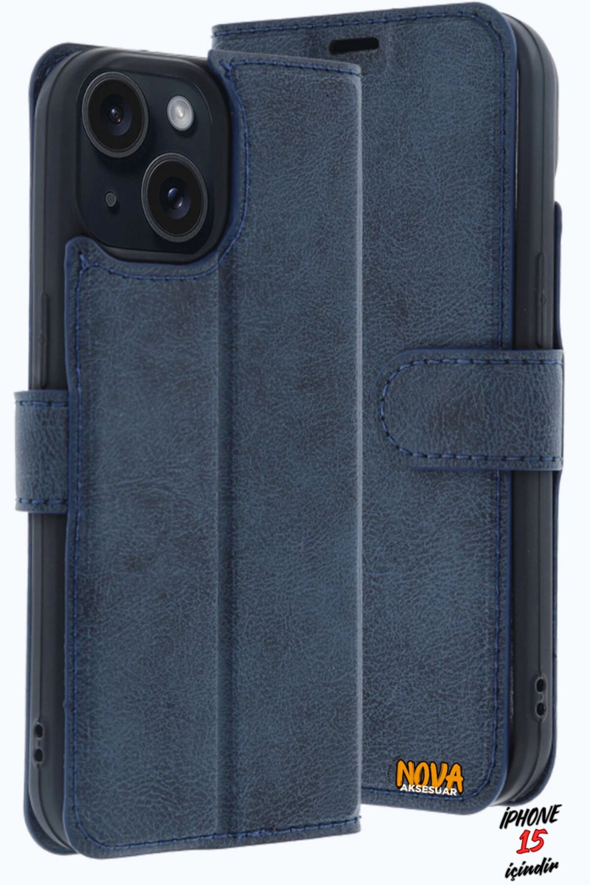 cepmoda iPhone 15 - Kapaklı Telefon Kılıfı Kopçalı Lüx Deri Mıknatıslı İçi Kartlık/Cüzdan - LACİVERT
