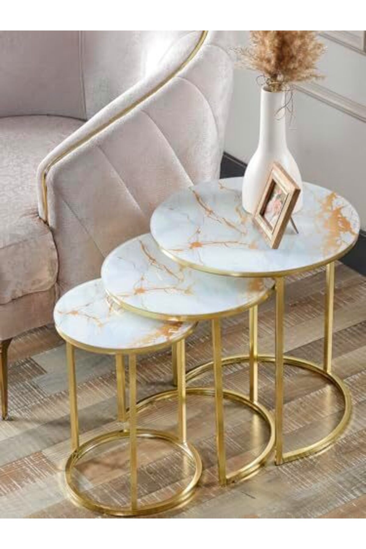 ShopZum 3 Lü Beyaz Sarı Mermer Temperli Gold Metal Zigon Sehpa
