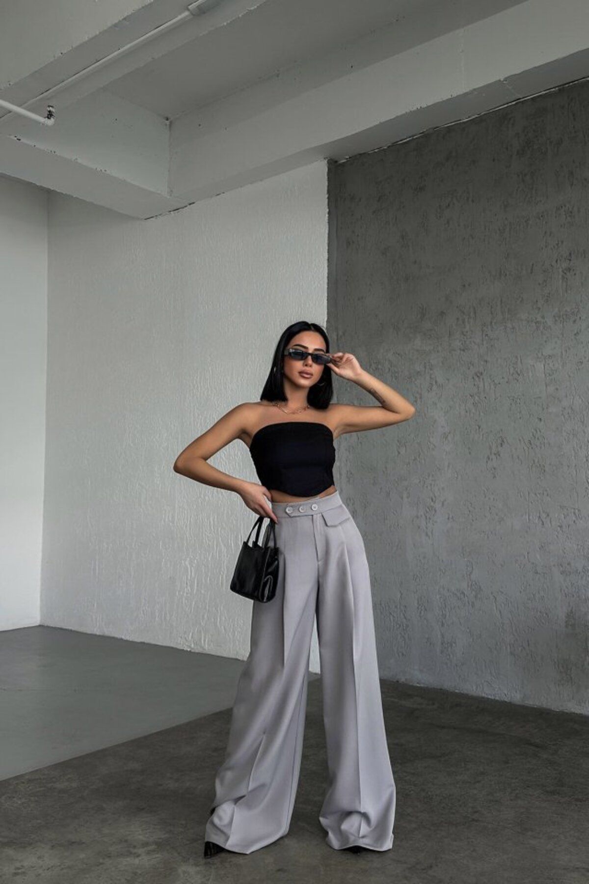 velmorafashion Üç Düğme Detayli Palazzo Pantolon