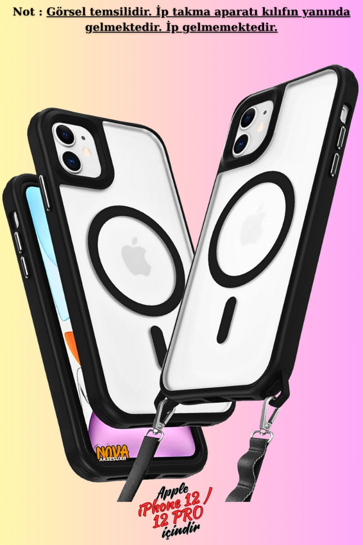 cepmoda iPhone 12 Uyumlu  - Renkli Kenar Darbe Koruyucu Enka Magsafe TPU Kapak/Kılıf - SİYAH