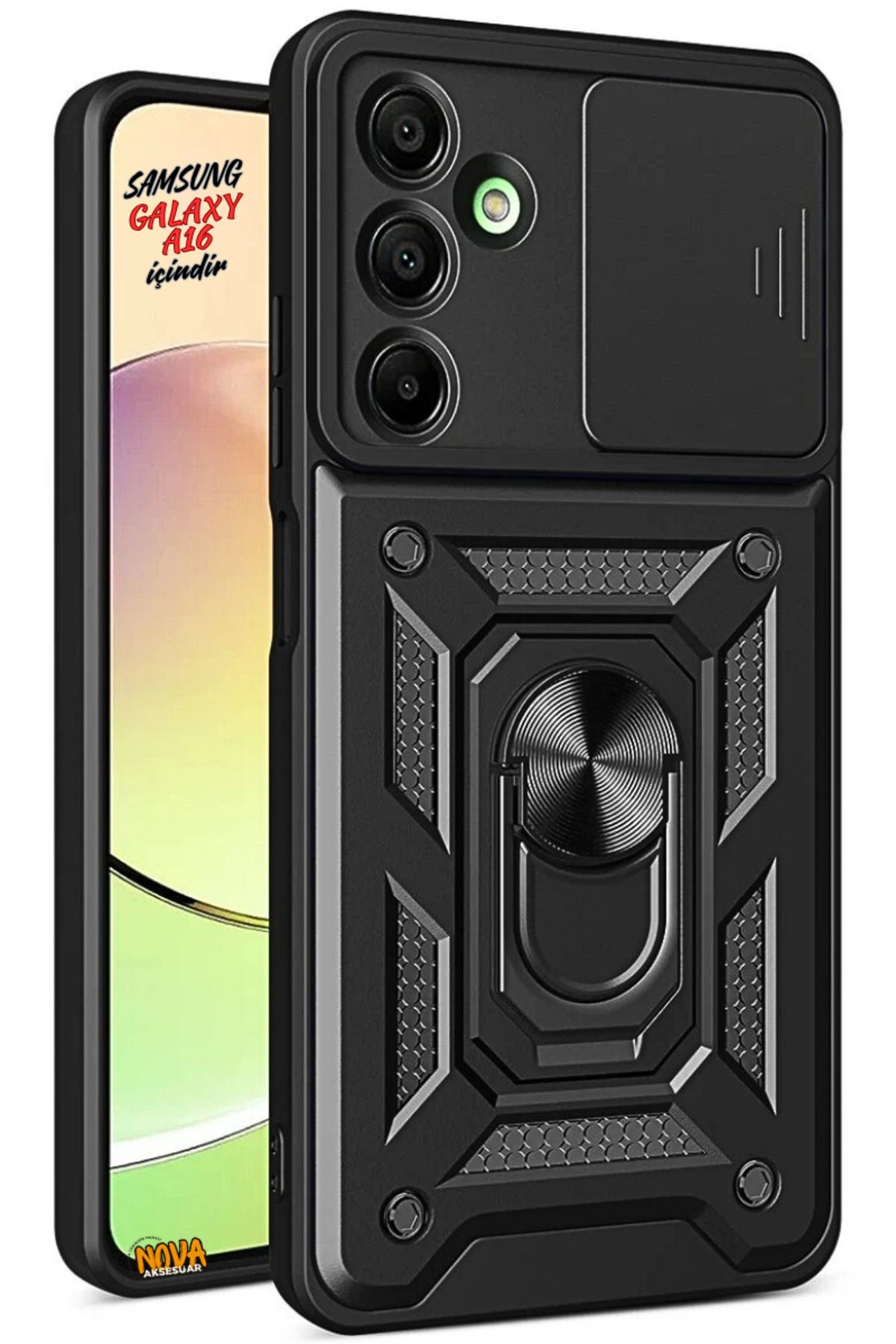 cepmoda Samsung Galaxy A16 - Panzer/Tank Kılıf-Kapak Kamera Sürgülü Standlı Yüzüklü - SİYAH