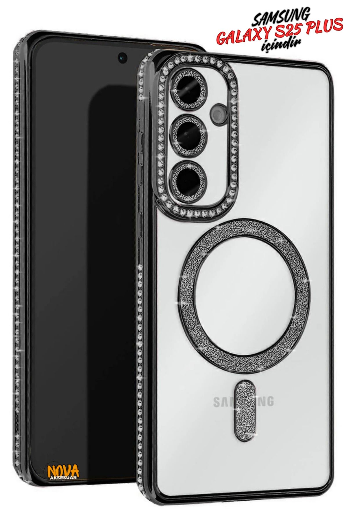 cepmoda Samsung Galaxy S25 PLUS - Taşlı Simli Magsafe Telefon Kılıfı - Lens Korumalı Lüx Kapak - SİYAH