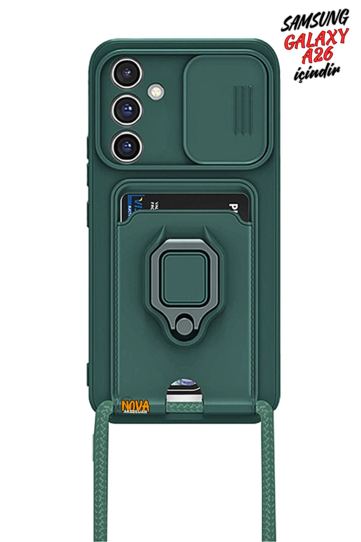 cepmoda SAMSUNG GALAXY A26 Boyun Askılı Kılıf | Ring Stand ipli Kamera Sürgülü Kapak - YEŞİL