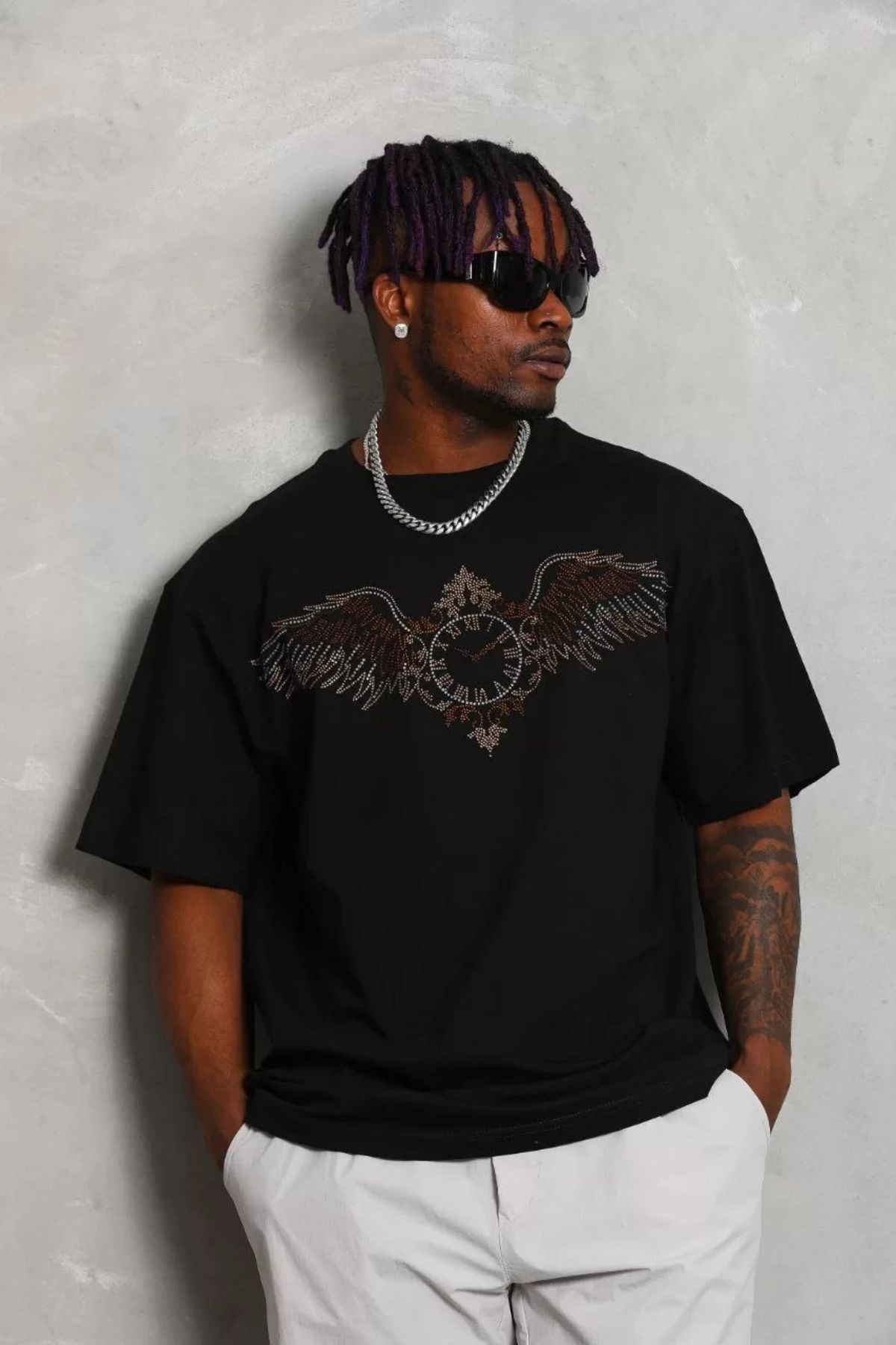 FantaziAtölyesi Unisex Oversize Taşlı Bisiklet Yaka T-Shirt - Siyah