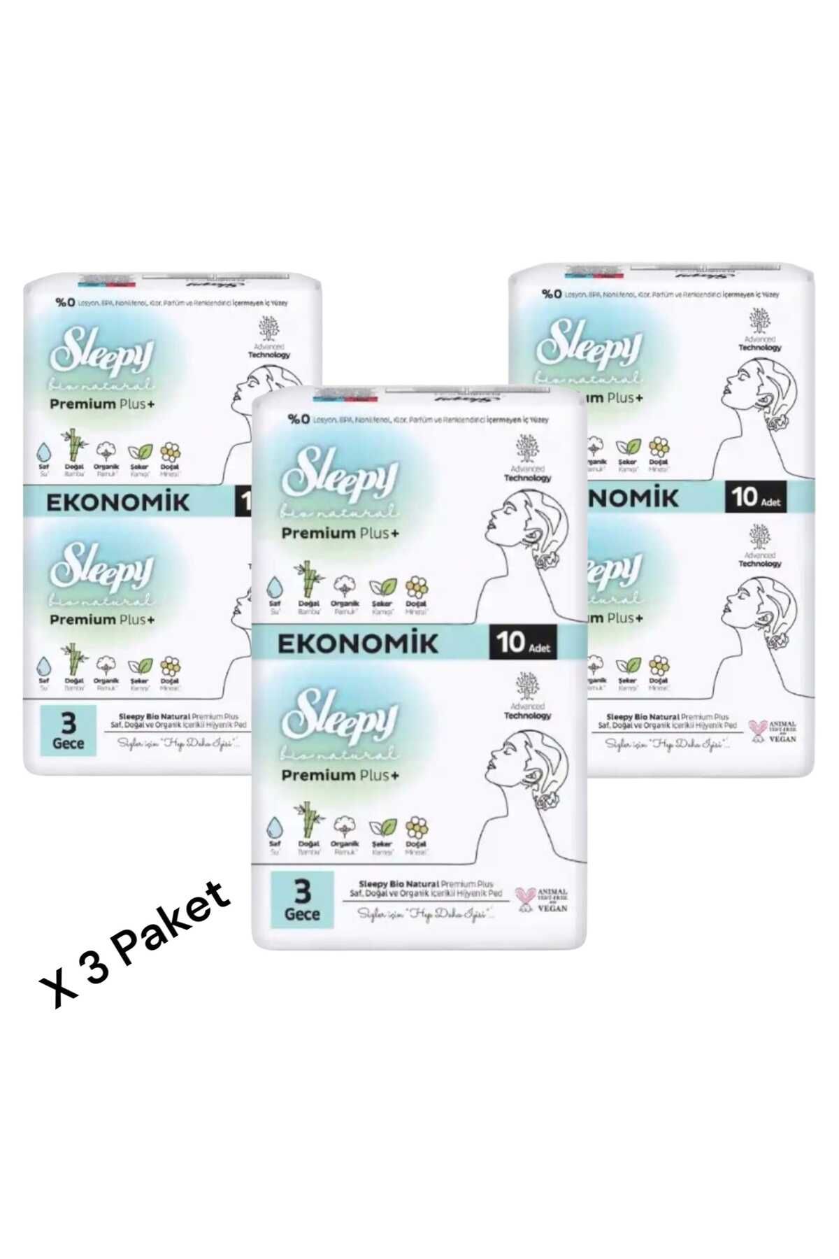 Sleepy BİO NATURAL PREMİUM PLUS+ 3 GECE 10 ADET (3 PAKET 30 ADET)