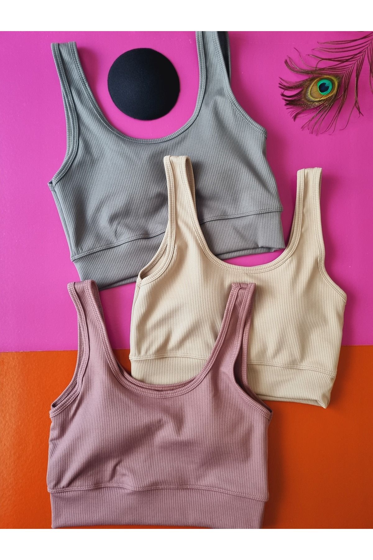 Demirsa Boutique Fitilli 3'lü Çağla Yeşil, Açık Mürdüm ve Krem Renk Çıkarılıp Takılabilir Pedli Kadın Sütyen Büstiyer