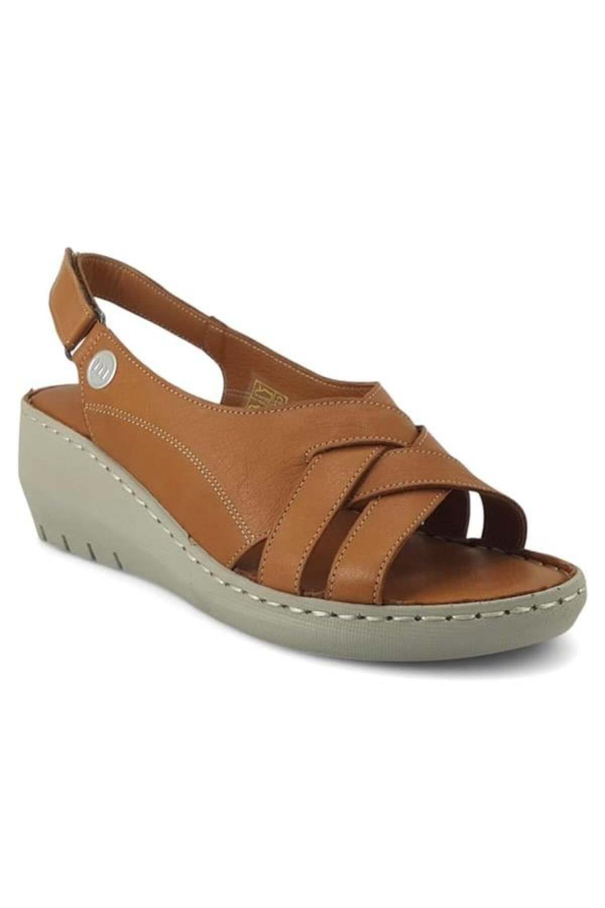 Mammamia 2510 Hakiki Deri Günlük Kadın Sandalet-Taba
