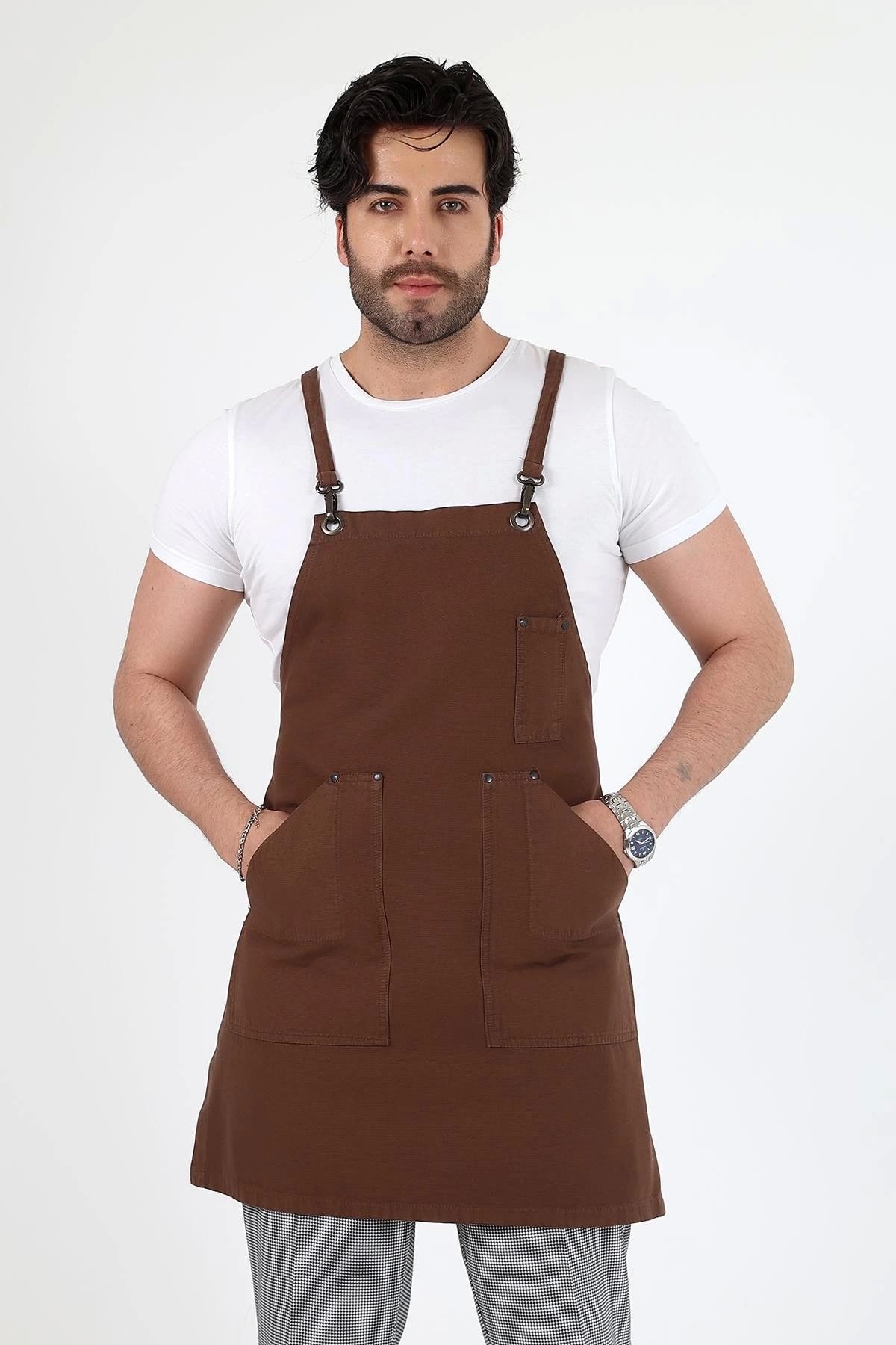 bianada Barista Askılı Önlük Kanguru Cepli - Kahve