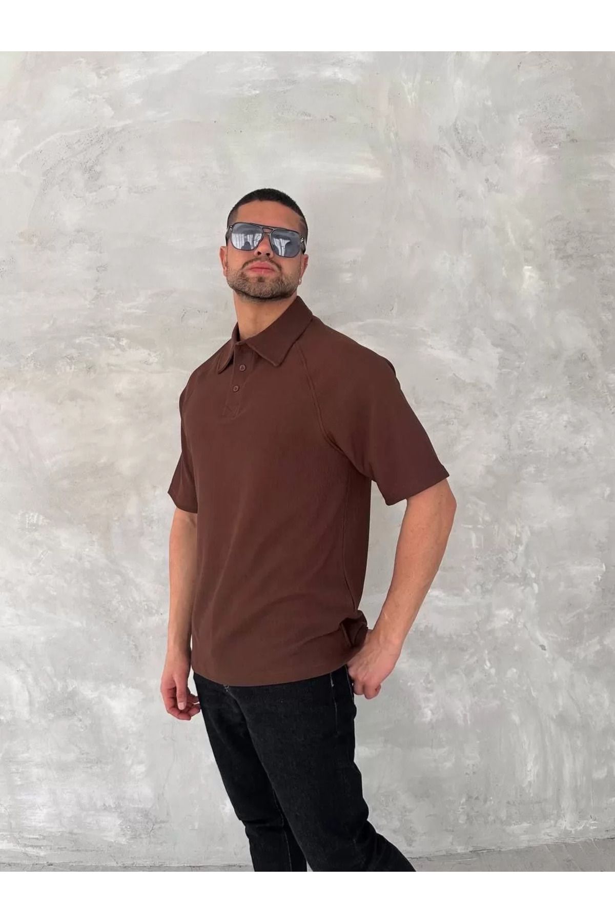FantaziAtölyesi Yakalı Patlı Kısa Kol T-shirt - Kahverengi