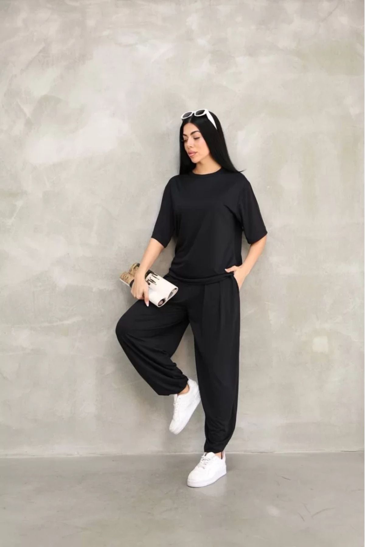 Flaubert Yumuşak Dokulu Kumaş Oversize Bisiklet Yaka T-shirt Jogger Eşofman Altı Eşofman Takımı - Siyah